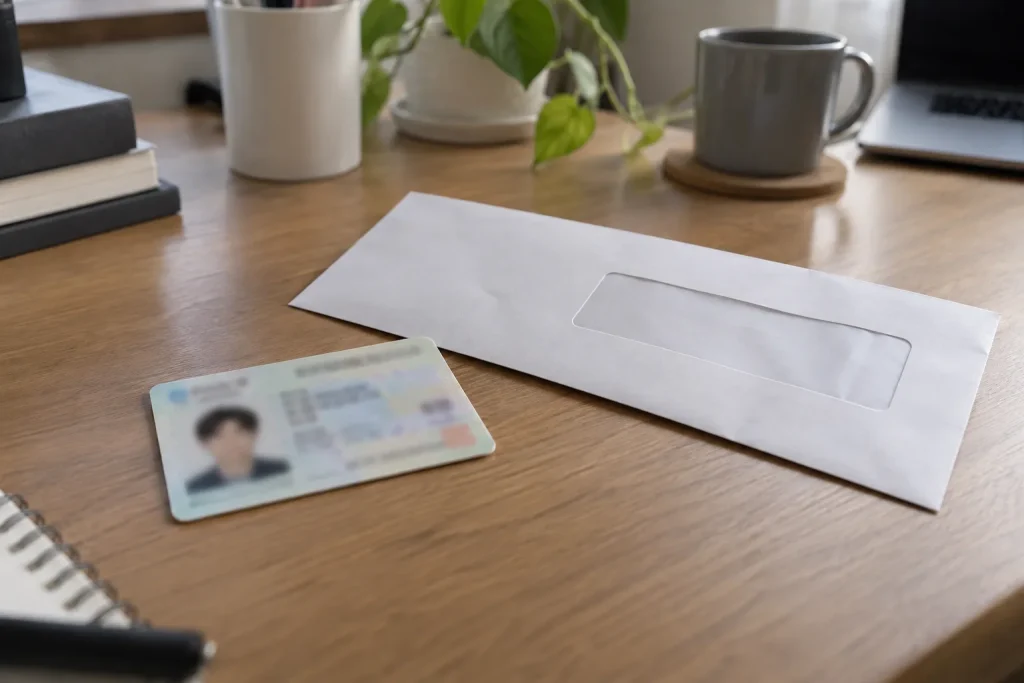 음주운전 면허 재취득 - 책상 위 운전면허증과 처분 통지서 봉투